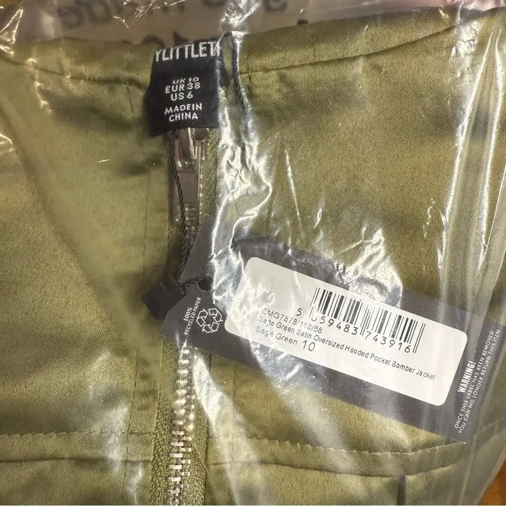 New Pretty Little Thing Womens Satin Oversized Hooded Bomber Jacket Sage Green 6 - Picture 9 of 9